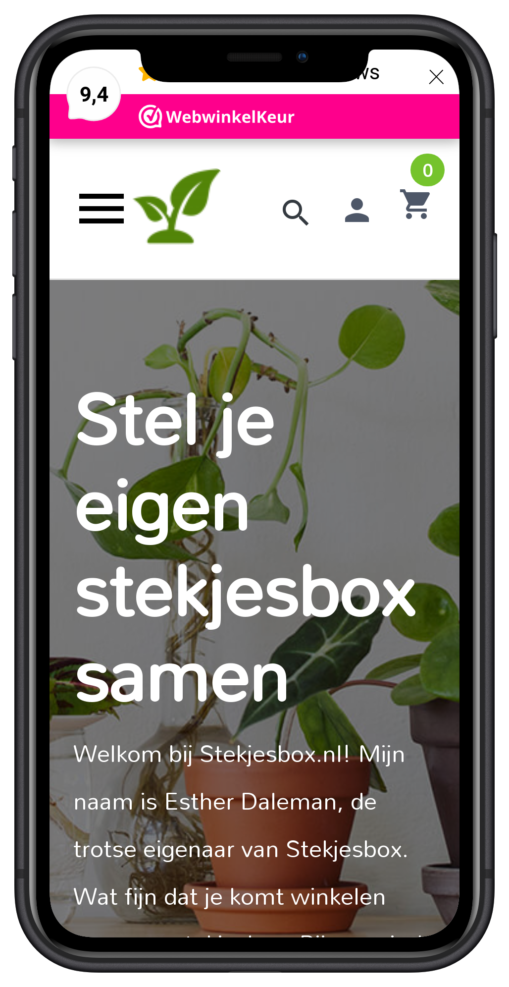 Telefoon met de website 'stekjesbox.nl' open